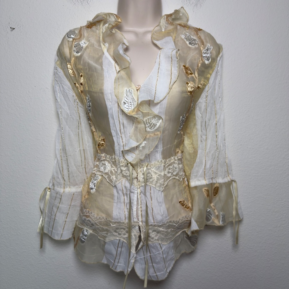 VTG y2k Piano Women Fairy Top XL Cream Gold Sheer Artsy Western Patchwork